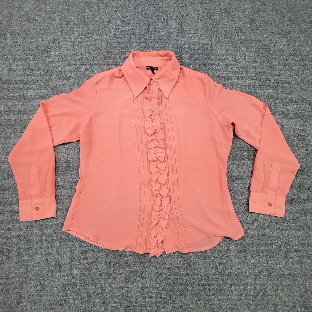 Oleg Cassini Ruffle Front Blouse Womens 14 Coral Long Sleeve Button Down‎ Career
